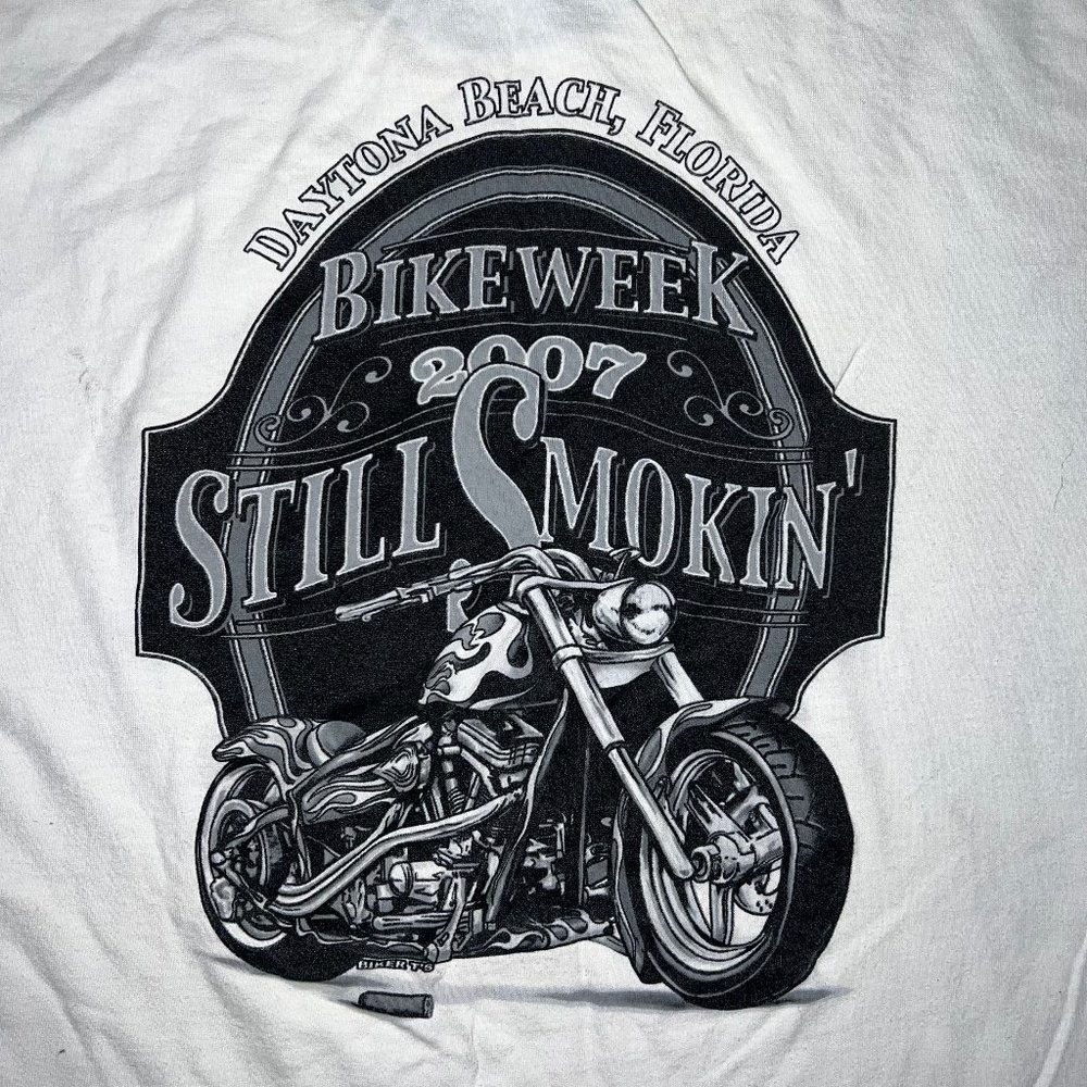 Mens Large Daytona Beach 2007 Bike Week Still Smokin' Motorcycle Hog White Shirt